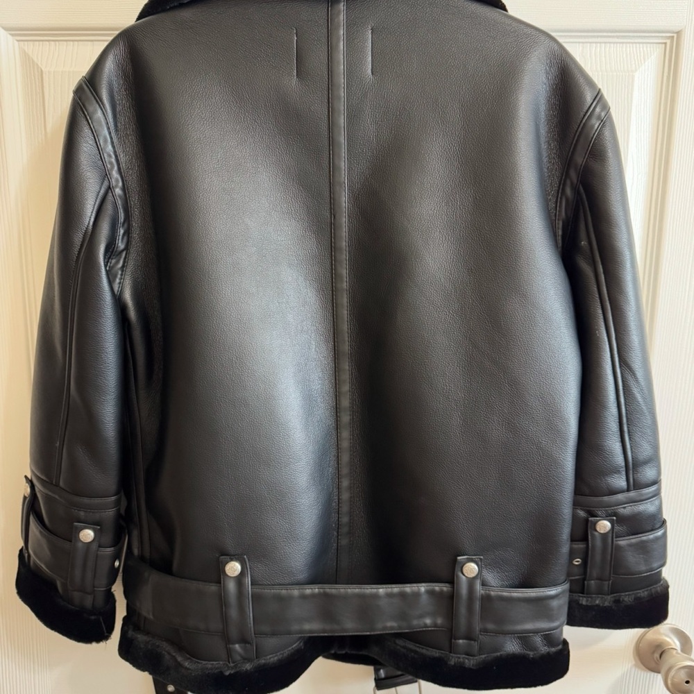 NWT REBECCA MINKOFF Black Faux Leather Oversized Shearling Moto Jacket - Picture 4 of 5